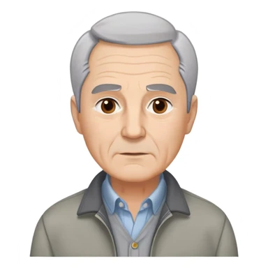 Distinguished older man in his 60s, light complexion, round face with broad jaw, vivacious brown eyes, thick eyebrows giving intensity to expression, short gray-white hair combed slightly back with visible receding hairline, clean-shaven, wearing gray casual jacket over button-up shirt sticker