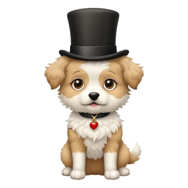 cute small tan and white dog with black nose, black round eyes, curly fluffy medium length hair, wearing a top hat sticker