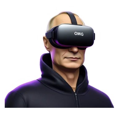 Vladimir Putin wearing a black hoodie with "OMG" letters on it and VR headset oculus quest 2 in a cyberpunk VR environment with violet neon lighting. sticker