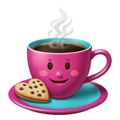 cup of coffee, steaming, the smoke should come out in the shape of a heart, the color of the cup is fuchsia, the cup has a happy face printed on it, the cup rests on a turquoise blue plate, and there are cookies and sugar cubes around the cup. sticker