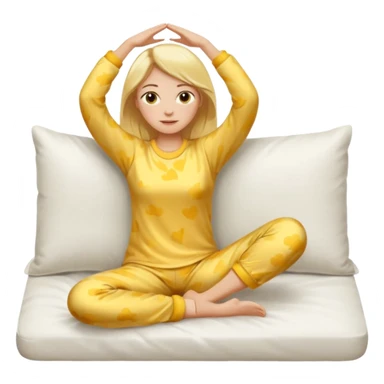 woman with blond hair in yellow pajamas, stretching after waking up on a white pillow, classic iOS emoji style sticker