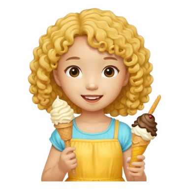 a little asian girl kid with curly hair, yellow dress, eat ice cream sticker
