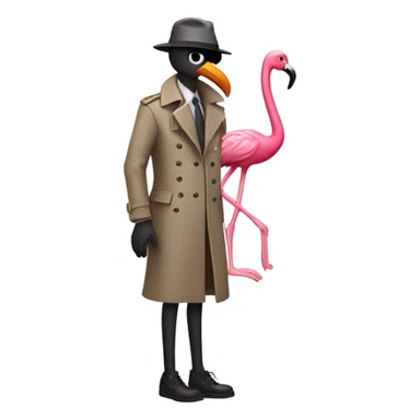 A flamingo in a detective trench coat, investigating a missing shoe sticker