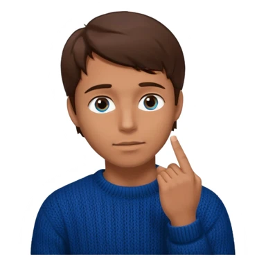 man in black knitted sweater in thinking pose, blue eyes brown hair, index finger touching his chin, eyes looking up to the top right sticker