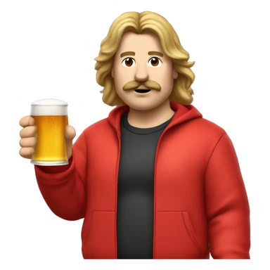 a slightly fat man with long hair and a mullet cut, with a mustache and a beer in his hand, the man is dressed in a red tracksuit, he is putting out a fire sticker