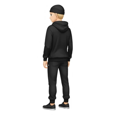 fullbody Mysterious shy caucasian man in black hoodie on head, hands in pockets and black pants rear backview sticker