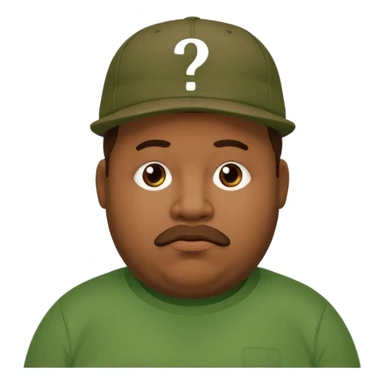 fat man with brown cap and green t shirt printeed a question mark sticker