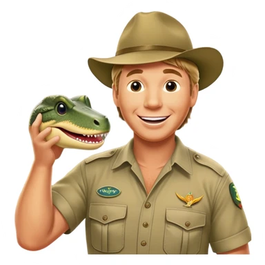 Cinematic Realistic Steve Irwin Portrait Emoji, depicted as a passionate wildlife expert in his signature khaki attire with an enthusiastic smile and a backdrop of the Australian outback, rendered with vibrant textures and dynamic natural lighting that captures his adventurous spirit. sticker