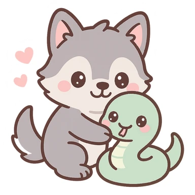 kawaii wolf hugging a kawaii snake, cartoonish, heart shapes, playful expression sticker