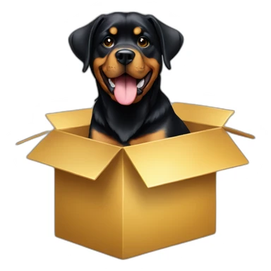 A Rottweiller with a golden in box sticker