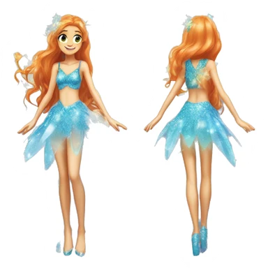 Bloom adult fairy of dragonflame in her enchantix fairy light blue sparkling two-piece clothing and fairy enchantix wings and long ginger hair in from winx club. Lots of sparkles and fairydust. Full body pic and full fairy bliss sticker