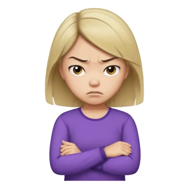 Angry Pouty girl with small asian eyes folding arms in a purple longsleeve shirt she has fair skin and medium length brown hair with blonde sticker