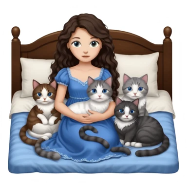 detailed realistic looking a dark grey and white cat regally laying with six other cats, cuddling with their owner in bed who is a pretty bratz lightly tanned white girl with long dark brown hair, blue eyes and gorgeous long wavy hair wearing a pretty detailed dress sticker