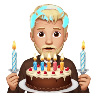chocolate birthday cake with eyes and thin candles and blond beard sticker