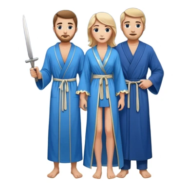 An upright Europe (a tall woman), wearing a blue, flowing robe with stars on the hem. In the background stands a man, with a knife
He has to stand behind her. the top of the knife to her back sticker