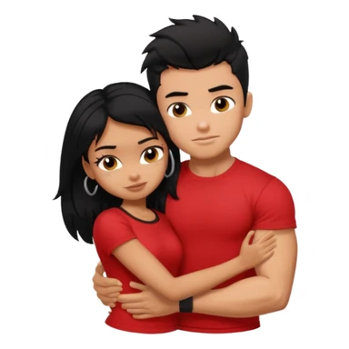 generate a pretty tan bratz boy hugging a fair black haired gf. The guy has black messy hair, lean but muscled and wearing a red tshirt sticker