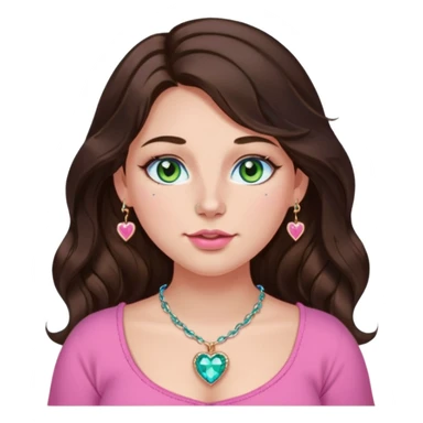 Girl girl long wavy dark brown hair with middle part, green/blue/gold eyes, plus size, pink girly top, right nostril rose gold nose ring, pink heart crystal necklace  sticker