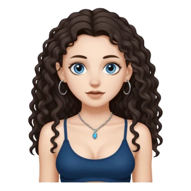 white girl, dark brown long slightly curly hair , skinni but with big breast , septum piercing on nose, beautiful dark gray-blue eyes, showing her toes , sticker