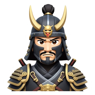 clash-of-clans-aesthetic_-cinematic-fearsome-and-majestic-samurai-bust-portrait-emoji, rendered in a flat, vector-style with minimal shading and bold, simplified shapes typical of emoji art, depicting a battle-hardened samurai with black mask and traditional black Japanese armor. The samurai is riding a noble grey warhorse adorned with an intricately designed saddle and fluttering banners and a rising sun. a samurai riding on a  horse zoomed in sticker
