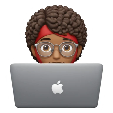3D Apple Memoji–style emoji, brown-skinned male character, short curly hair, thick glasses, calm focused eyes, peeking over silver laptop, transparent PNG, 4K. sticker