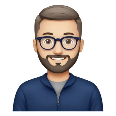 Fair-skinned man with oval face, extremely short tight haircut (very short on top, skin fade on sides), short salt and pepper beard, large black-framed glasses, smiling, wider body type, wearing navy blue long sleeve zip sweatshirt sticker
