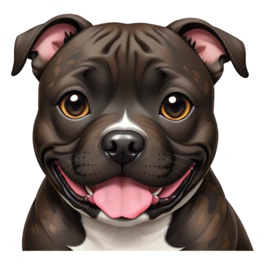 Cinematic Cute Black/Brindle Staffordshire Bull Terrier Portrait Emoji, Head tilted playfully and inquisitively, featuring a glossy Fur with a dynamic mix of black and brindle, round, sparkling dark eyes filled with curiosity, Simplified yet irresistibly adorable features, highly detailed, glowing with a warm, friendly glow, high shine, affectionate and spirited, stylized with a touch of whimsy, bright and endearing, soft glowing outline, capturing the essence of a mischievous yet loving pup, so playful it feels like it could bound out of the screen and into your arms! sticker