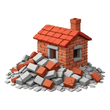 3D iPhone style emoji of a pile of bricks, roof pieces, and wall rubble, scattered and broken, isolated on white background, soft shadows, high detail, playful and cute sticker
