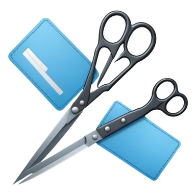 Floating black Scissors cutting a light blue military ID card in 2 parts .hyper realistic sticker