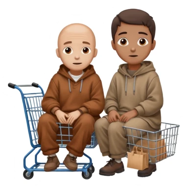 A man in oversized old clothes sat next to a shopping cart half body, looking around with gentle, hopeful eyes. sticker