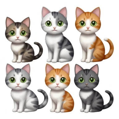 6 different coloured small cats including a dark grey and white, and a patchy calico, and a brown tabby and white,  and a completely solid dark grey with green eyes and only white paws sticker