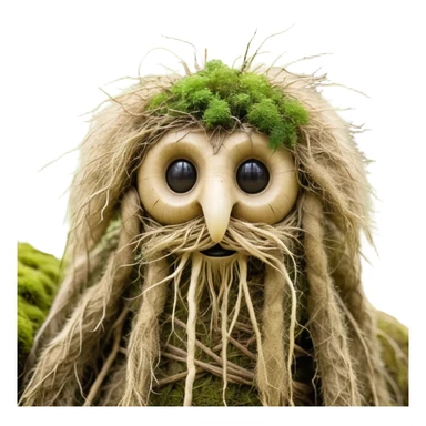A mystical Slavic forest creature named "Lepetun", with fluffy, tangled fur like old hay, large uneven eyes made of straw and resin, a wide, crooked smile stitched like burlap, long root-like fingers, and a body shaped like a shriveled turnip. He wears tattered pieces of linen and bark, with moss growing on his back. The style is folklore-inspired, slightly grotesque but cute, highly textured, illustrated with soft lighting and muted autumn tones. Background: misty woods or old wooden hut. Expression: confused, rambling, friendly yet unsettling. Artistic style: painterly, digital illustration with traditional etching feel. sticker