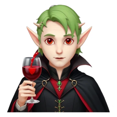 male elf vampire emoji, pale skin, red glowing eyes, long pointed ears, black high-collared cloak with red lining, holding a wine glass filled with red liquid, elegant Halloween fantasy look, smooth Apple emoji style, clean white background, square image sticker