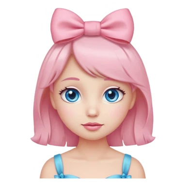 Cute coquette emoji, round face, big sparkling eyes, soft blush on cheeks, small pink bow on top of the head, pastel colors, simple vector style, transparent background


 sticker