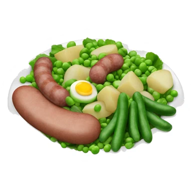 a plate of salad with green peas, pieces of sausage, potatoes and cucumber sticker