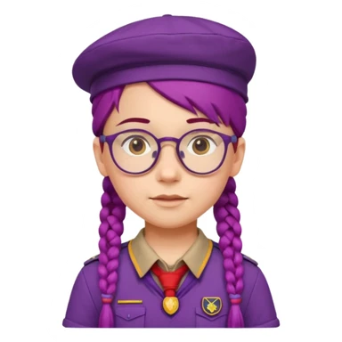 red uniform wearing scout kid with braids and glassess with hat purple haired sticker