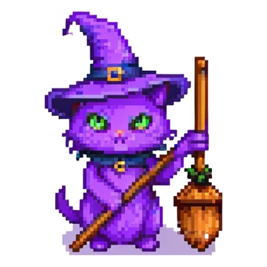 purple witch cat with a broom sticker
