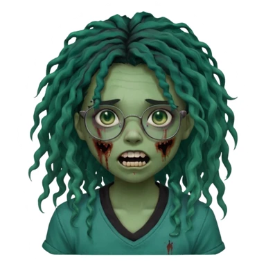One girl greenskinned, zombie with glasses, with ombre black roots, dark teal long locks & side bang of her locs that fall over slightly covering the right eye, a sinister expression w/ the mouth open, teeth showing, and the jaw uneven. with a small wound near its mouth, her locks curly, black shirt sticker