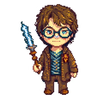 Harry Potter with glasses, lightning scar, and wand in pixel art style sticker