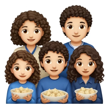 Can you create an emoji of three 23 year olds eating dumplings. One boy with wavy curly hair and one Jewish girl with long dark brown curly hair and one half Indian / half white girl with mid length dark brown hair. All brown eyes sticker