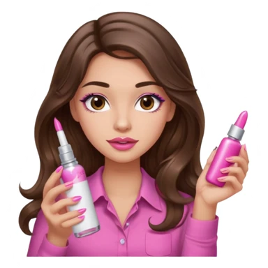 girl with long wavy brown hair, brown eyes, light to medium complexion, in a pink shirt, pink lips, long lashes, puckered lips,  painting long finger nails sticker