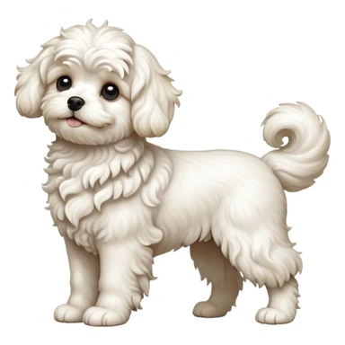 detailed-[curly haired maltese-dog]-realistic-full-body-sitting-emoji,-tail-resting-loosely-beside-its-paws,-head-tilted-dramatically,--wavy-[cream-white]-fur,-simplified-yet-realistic-focused-features,-highly-detailed,-glowing-with-an-almost-sarcastic sticker