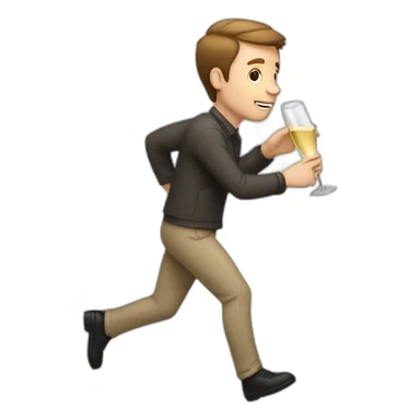 White man with very short brown hair runs with a carton of champagne sticker