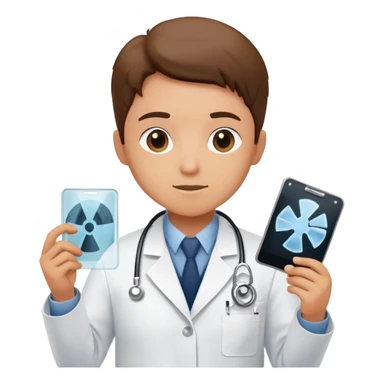 A medical professional in a white lab coat examining an X-ray film, wearing a radiation badge sticker