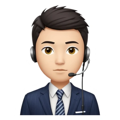 gay young Asian man with light skin, short dark hair styled upward with a sharp spiked swoop in front, slightly narrowed almond-shaped eyes with a confident, knowing squint, a clean-shaven face, and a sleek single-ear headset, wearing a dark pinstripe suit with a patterned shirt tie sticker