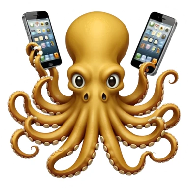 Intimidating octopus made of bones. Evil looking eyes, wearing a gold necklace. 3 tentacles are holding their own cellphone with one held to the side of its face as if its on a phone call, 2 other tentacles are holding stacks of money sticker