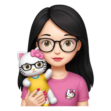 Nails cute with hello kitty wear glasses black long  hair, wear yellow shirt , red nails , big hello kitty doll sticker