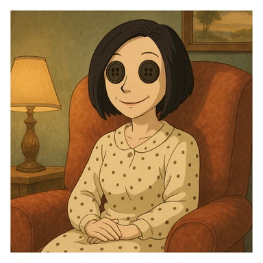 The Beldam (Other Mother) from Coraline, cute Ghibli style, button eyes, sitting in a cozy chair, gentle smile sticker