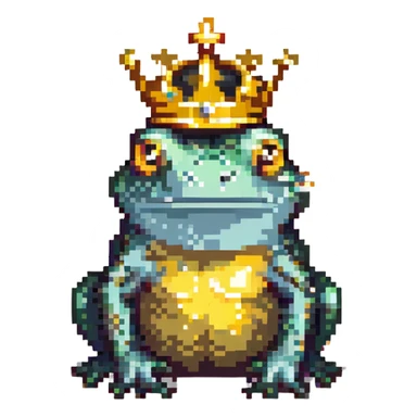 pixel art crowned frog wearing a large golden crown facing forward sticker
