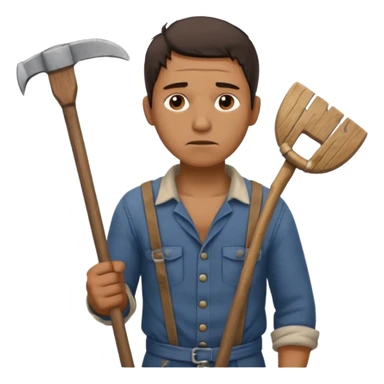 Emoji portrait of a male agricultural slave. He has a tired expression and wears rough clothes, holding a hoe over his shoulder. sticker