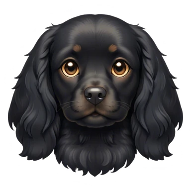 Cinematic Cute Black Cocker Spaniel Portrait Emoji, Head tilted playfully and inquisitively, featuring a glossy black coat with delicate tan accents, round, sparkling dark eyes brimming with curiosity, Simplified yet irresistibly adorable features, highly detailed, glowing with a warm, friendly glow, high shine, affectionate and lively, stylized with a touch of whimsy, bright and endearing, soft glowing outline, capturing the essence of a mischievous yet loving pup, so playful it feels like it could bound out of the screen and into your arms! sticker